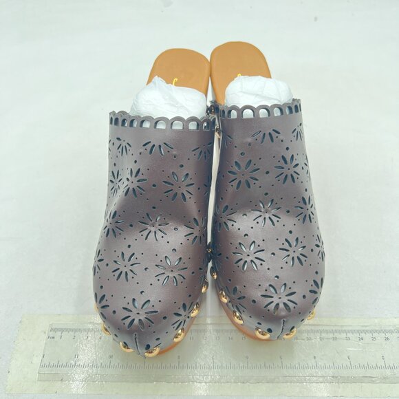 FOWT Brown Studded Round Toe Floral Cut Out Platform Mules Chunky Heel Sandals - Picture 3 of 8
